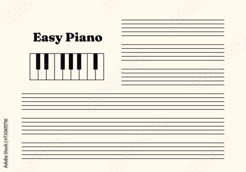 Musical notes blank sheet with piano keyboard design. Black lines on white background. Editable stroke vector.	
 photo