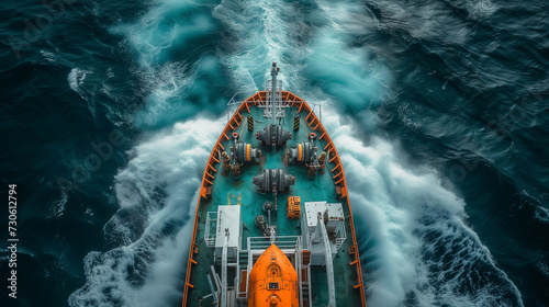 An aerial shot captures a drilling ship amidst the dynamic patterns of ocean waves, highlighting offshore drilling operations.