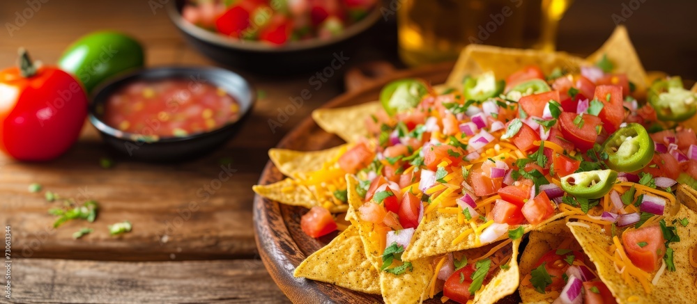 Spiced Mexican nachos served on a wooden table, a classic beer snack. Spiced Mexican nachos served on a wooden table, a classic beer snack.