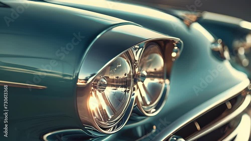 The distinctive gullwing shape of a 1950s cars headlight complete with a shiny chrome rim is a nod to the iconic design elements of the era. photo