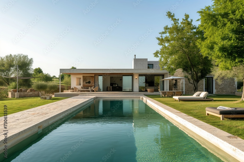 modern architecture design: a model of a contemporary creative single-family house with tall windows and concrete optic in the countryside with a huge clear swimming pool