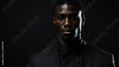 Portrait of mysterious handsome young black african man on black suit and plain black background from Generative AI