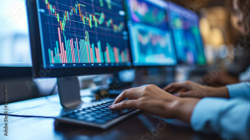 Financial analysts tracking the stock market, multiple screens, investment and trading concept photo