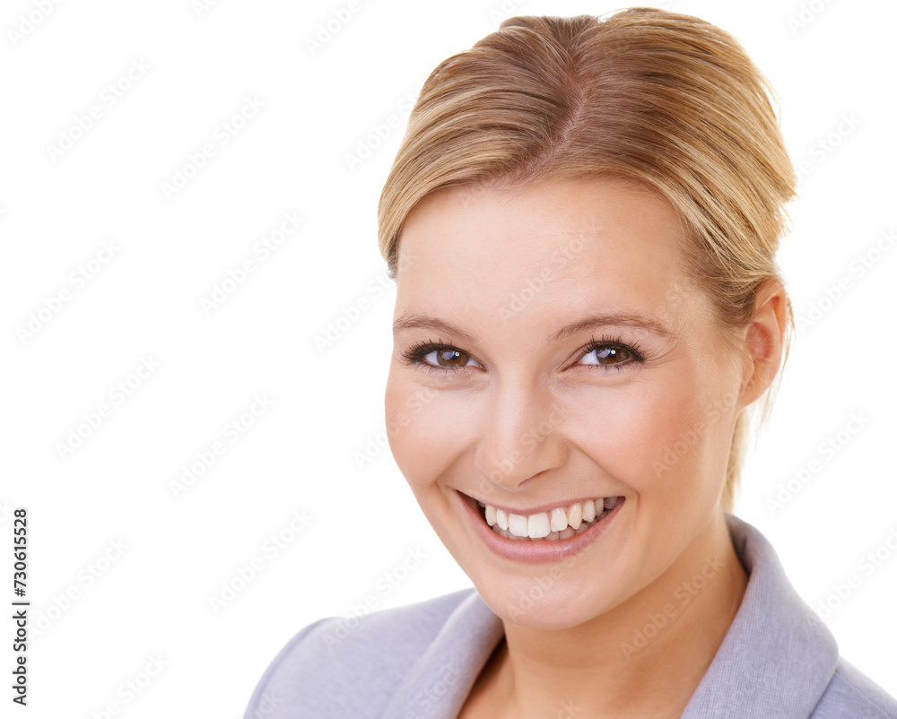 Businesswoman, happy and portrait in studio with makeup, style and job pride with mockup space. Professional entrepreneur, face and natural beauty with smile, confidence and white background Businesswoman, happy and portrait in studio with makeup, style and job pride with mockup space. Professional entrepreneur, face and natural beauty with smile, confidence and white background