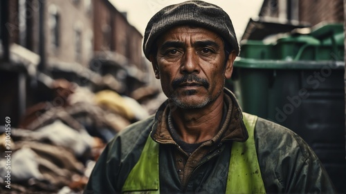 Portrait of middle aged immigrant man working as garbage collector from Generative AI photo