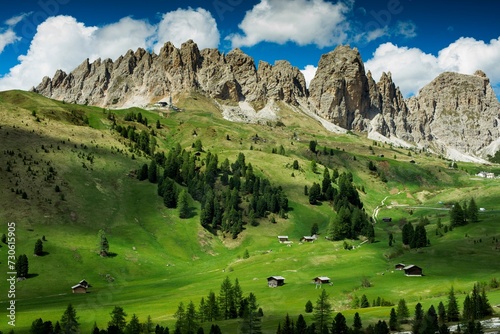 Huts on the Gardena Pass, Passo Gardena, Puez-Geisler nature park Park, Dolomites, Selva di Val Gardena, South Tyrol, Trentino-Alto Adige, Italy, Europe photo