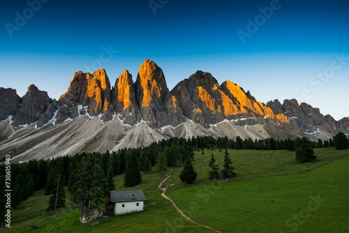 Sunrise, Glatschalm, Geislerspitzen, Villnoess Valley, Sass Rigais, Dolomites, South Tyrol, Italy, Europe photo