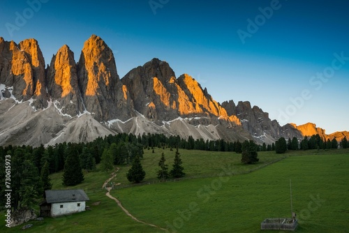 Sunrise, Glatschalm, Geislerspitzen, Villnoess Valley, Sass Rigais, Dolomites, South Tyrol, Italy, Europe photo