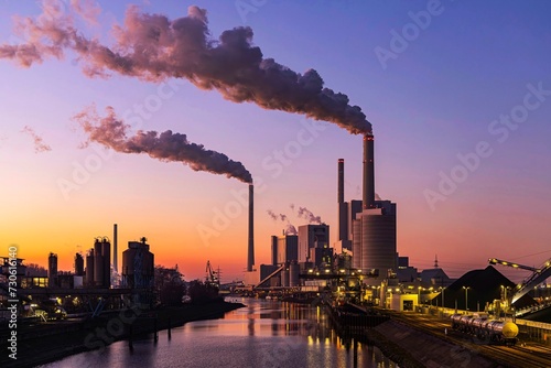 Mannheim coal-fired power station on a cold winter's day, plumes of smoke above the chimneys. Grosskraftwerk Mannheim AG (GKM) . Mannheim, Baden-Wuerttemberg, Germany, Europe photo