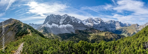 Mountain panorama with steep rocky peaks, view of Laliderspitze, Dreizinkenspitze and Spritzkarspitze peaks, Hahnkampl peak, Engtal, Karwendel, Tyrol, Austria, Europe photo