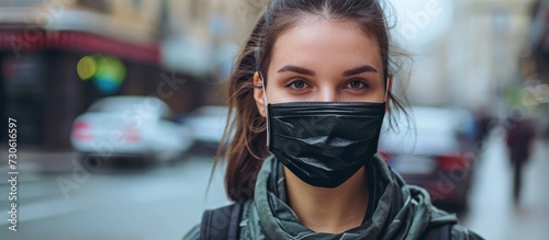 Smiling urban dweller, young and attractive, wearing a medical mask in black.
