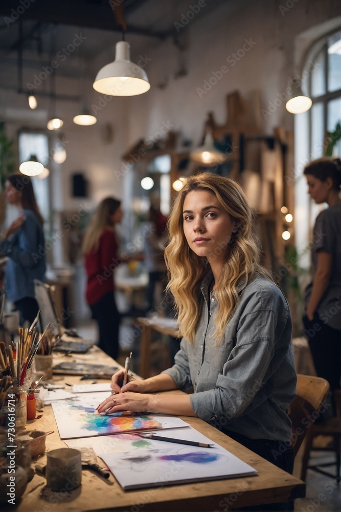 Fototapeta premium Creative young woman with team creating work in art workshop