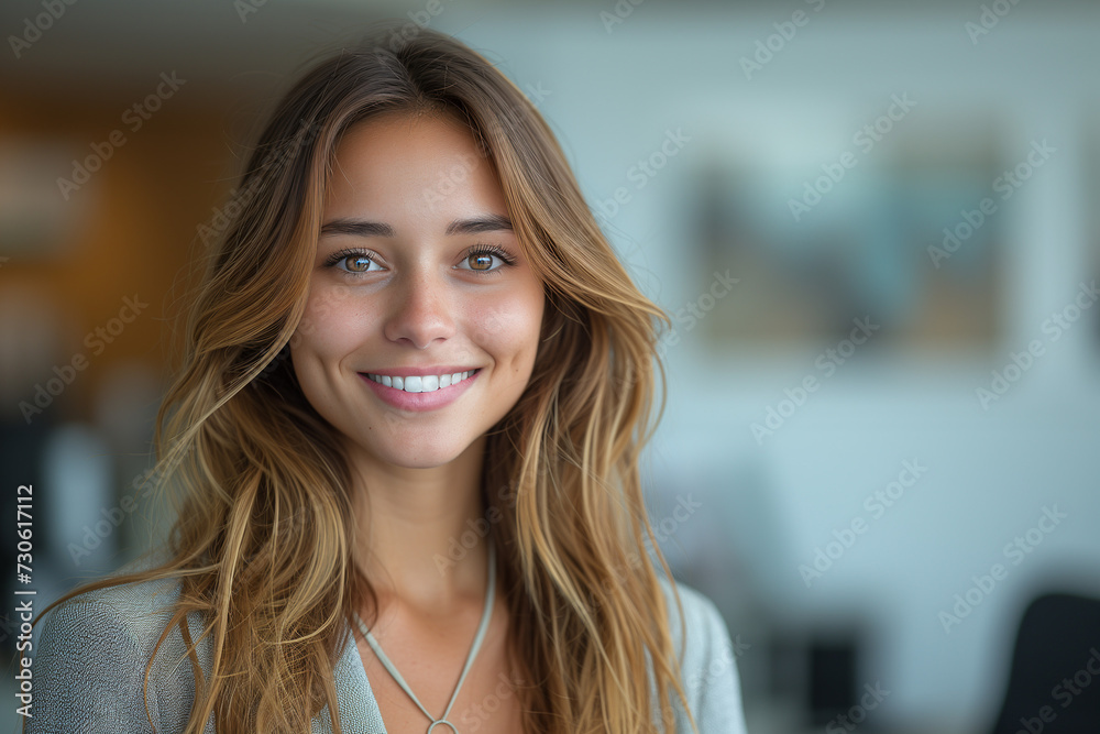 Successful business woman standing in the office and looking at camera while smiling. Portrait of beautiful business woman standing.