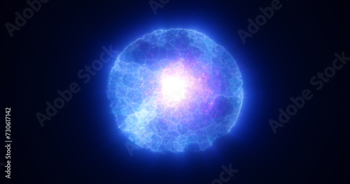 Abstract blue energy glowing digital sphere made from moving electric plasma liquid on black background