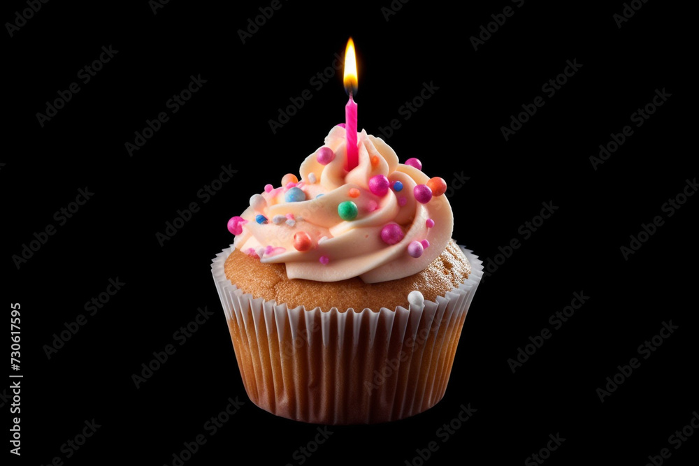 Food, holiday concept. Cupcake with burning birthday candle isolated on black background