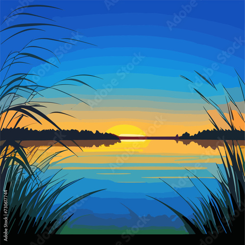 duck or teal birds flying over the lake. grass, mountain and sunset background.