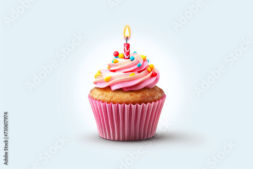 Food  holiday concept. Cupcake with burning birthday candle isolated on white background