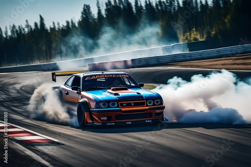 Car drifting, Blurred image diffusion race drift car with lots of smoke from burning tires on speed track © Nazir