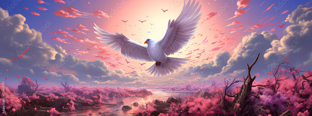 Illustration drawing of a white bird flying in the sky. The overall picture has a beautiful pink tone. It represents freedom that everyone desire, hopes, dreams and the spirit that yearns for freedom. - obrazy, fototapety, plakaty 