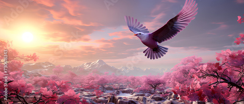 Illustration drawing of a white bird flying in the sky. The overall picture has a beautiful pink tone. It represents freedom that everyone desire, hopes, dreams and the spirit that yearns for freedom.