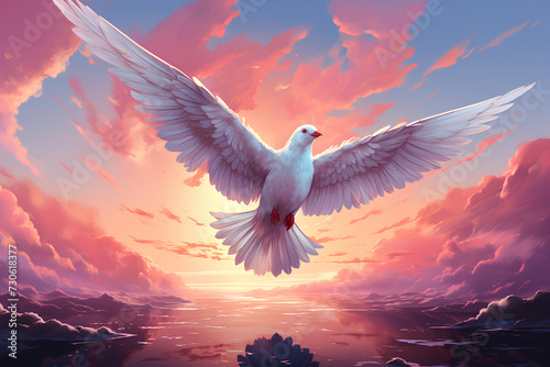 Illustration drawing of a white bird flying in the sky. The overall picture has a beautiful pink tone. It represents freedom that everyone desire  hopes  dreams and the spirit that yearns for freedom.