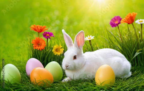 beautiful white rabbit and colorful Easter eggs on green grass with flowers