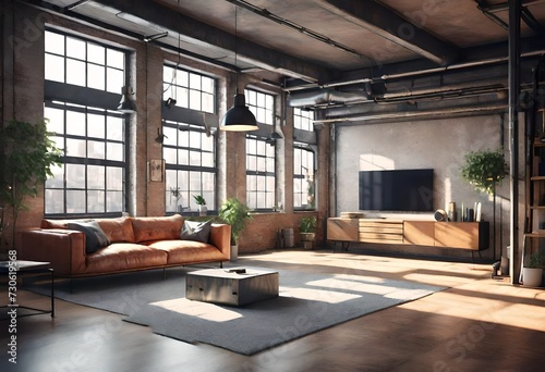 Living room interior in loft, industrial style, 3d rendering