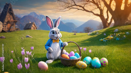cute cartoon Easter bunny holding basket with colorful egg on green grass with spring flowers