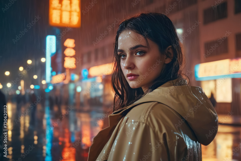 young beautiful sad woman with wet hair on rainy night urban street