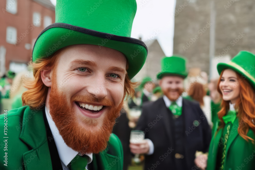 happy redhead man with beard in green suit and leprechaun hat. St. Patrick's Day celebration happy redhead man with beard in green suit and leprechaun hat. St. Patrick's Day celebration