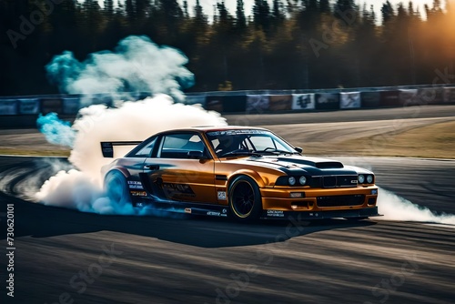 Car drifting, Blurred image diffusion race drift car with lots of smoke from burning tires on speed track