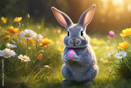 cute little bunny holding in paws Easter egg