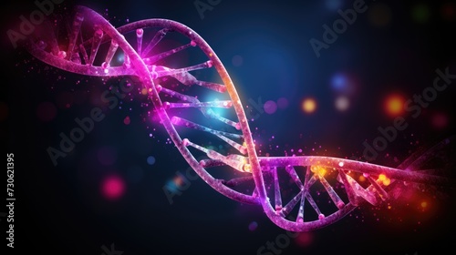 Pink-blue double strand of dna strands on a black background with neon glow.The concept of science and technology. Technology and research. photo
