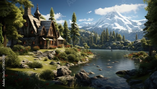 A rustic log cabin by a tranquil lake