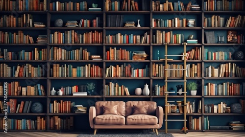 A big, large bookcase with many books in a house interior. © crazyass