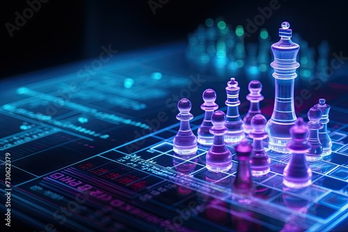 3D Chess Board Hologram: Futuristic Holographic Chess Pieces in a Dark Scene with Blue and Purple Neon Light Glowing Transparent Glasses. Featuring Horse, Queen, Rook, Knight, Pawn, Bishop Players photo