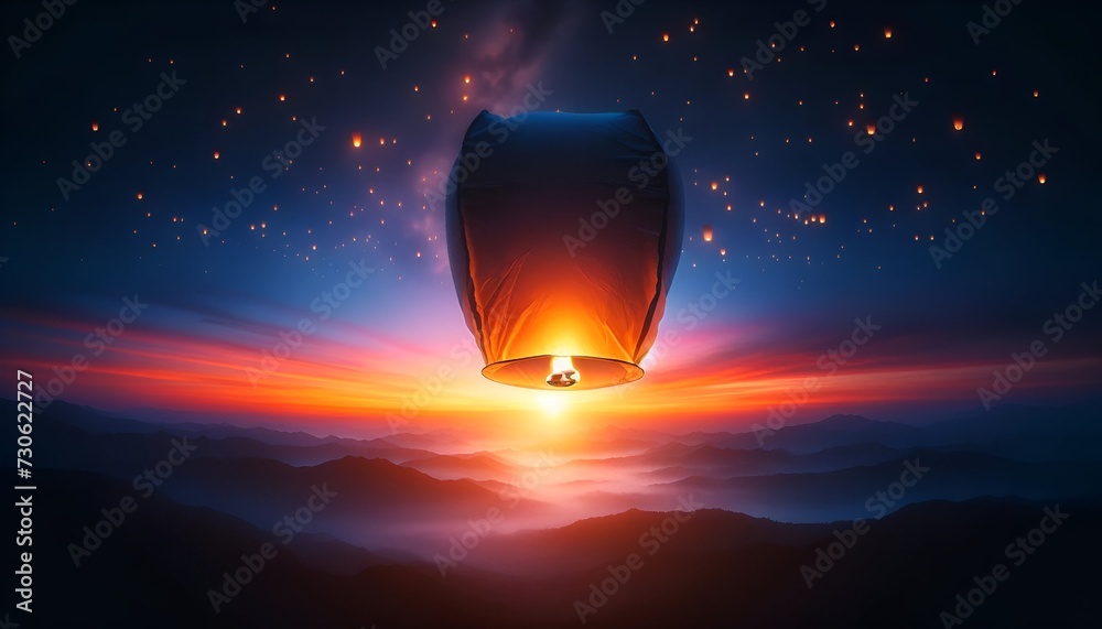 Naklejka premium Illustration of a single sky lantern against a beautiful dusk sky.