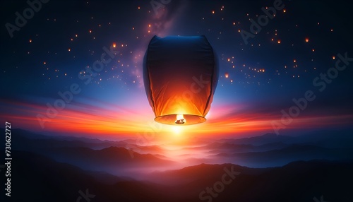 Illustration of a single sky lantern against a beautiful dusk sky.