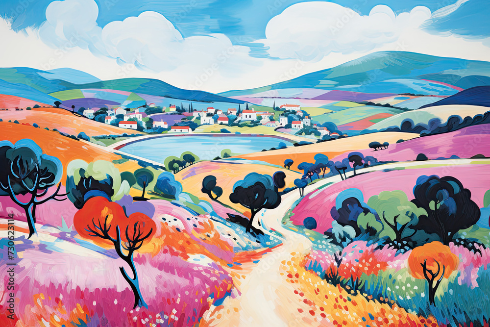 Countryside Drawing Reference Colorful Hand Drawn Illustration of a Peaceful Countryside Village in ...