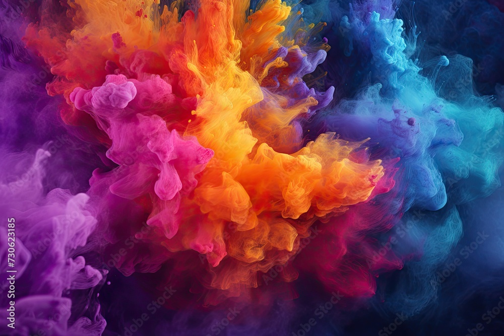 Colorful Powder Explosion. Holi Red, Orange, Yellow, Blue, Pink, and Purple Clouds in Motion, Perfect for Web Banners, Posters, and Wallpaper Backgrounds