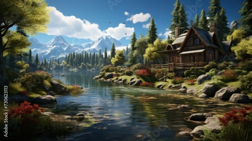 A rustic log cabin by a tranquil lake