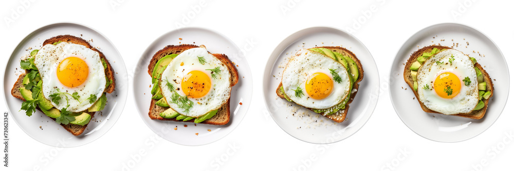 Set of a Plate of Avocado Toast with a Fried Egg top view on a Transparent Background