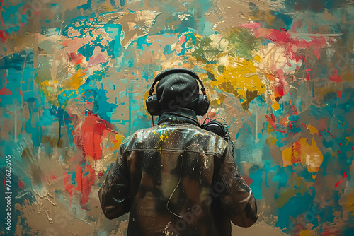 A rascally boy listening songs through headphones is facing with paint painted wall