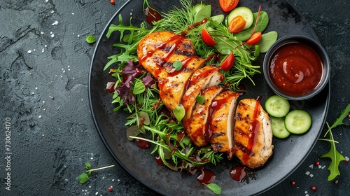 Half of smoked chicken with barbecue sauce served with salad and sauce