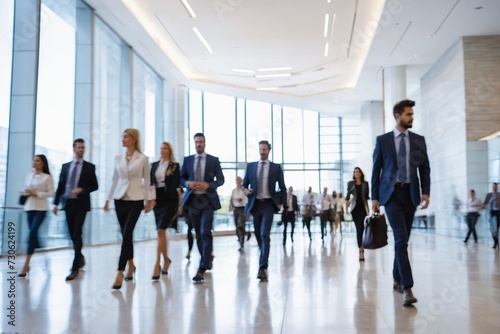 Blurred image of business people walking in the lobby of a modern office building