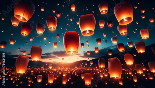 Sky lantern festival scene during twilight.