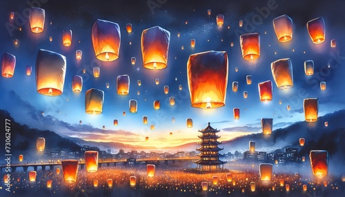 Watercolor painted style of pingxi sky lantern celebration in taiwan. photo