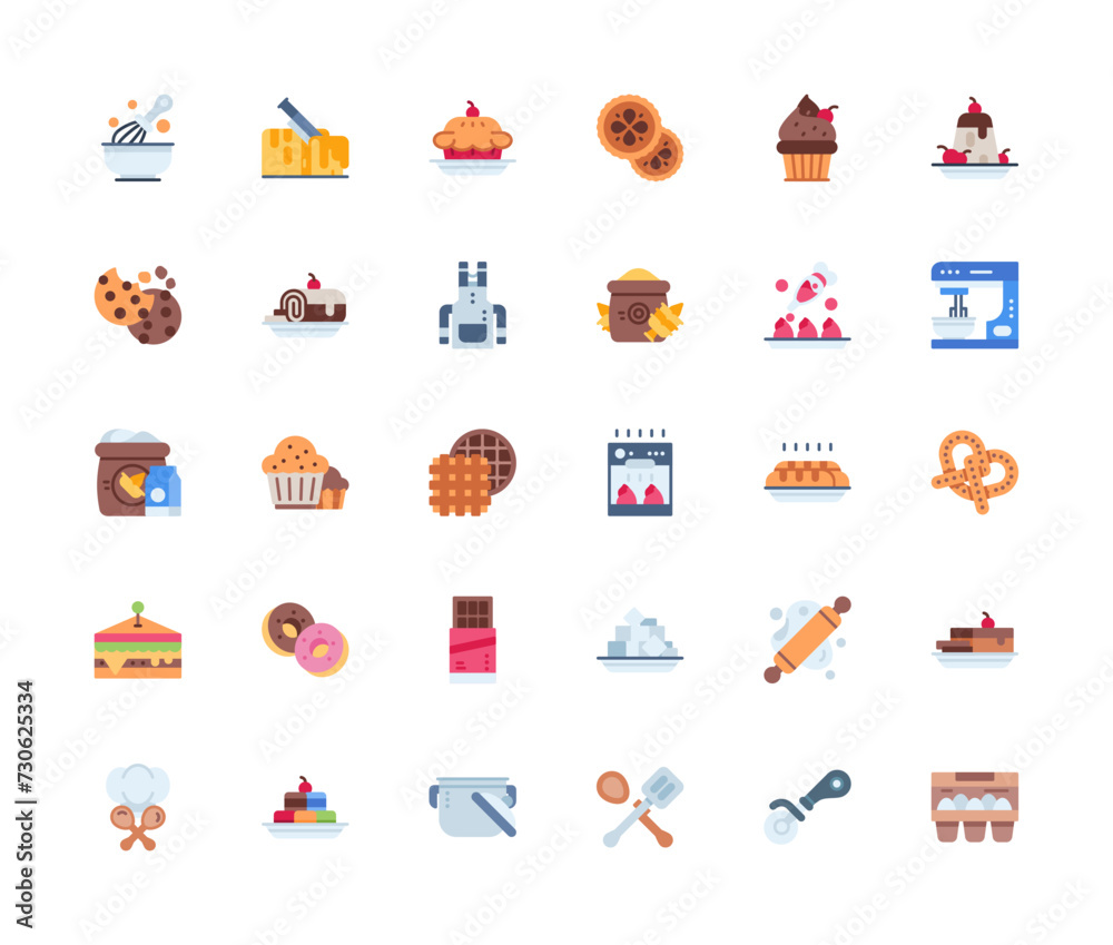 Obraz premium bakery, cooking, and food vector icon set design flat style. perfect use for logo, presentation, website, and more. modern icon set design color style