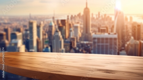 The wooden table top with blur background of modern office interior with cityscape in the morning. Exuberant image. generative AI