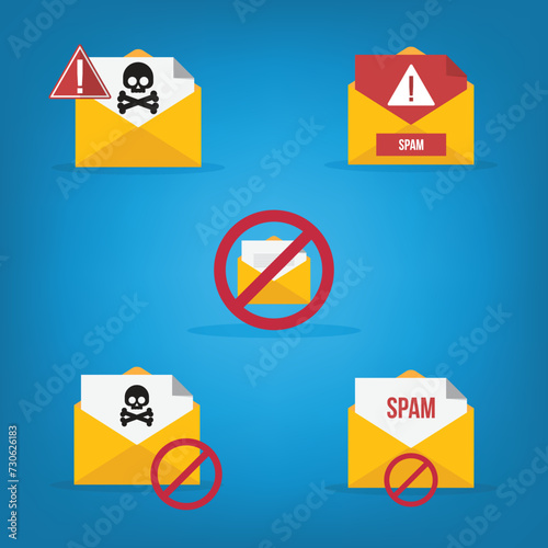 Spamming mailbox icon set. Email hacking and spam warning symbol. EPS10 Vector Illustration.	
